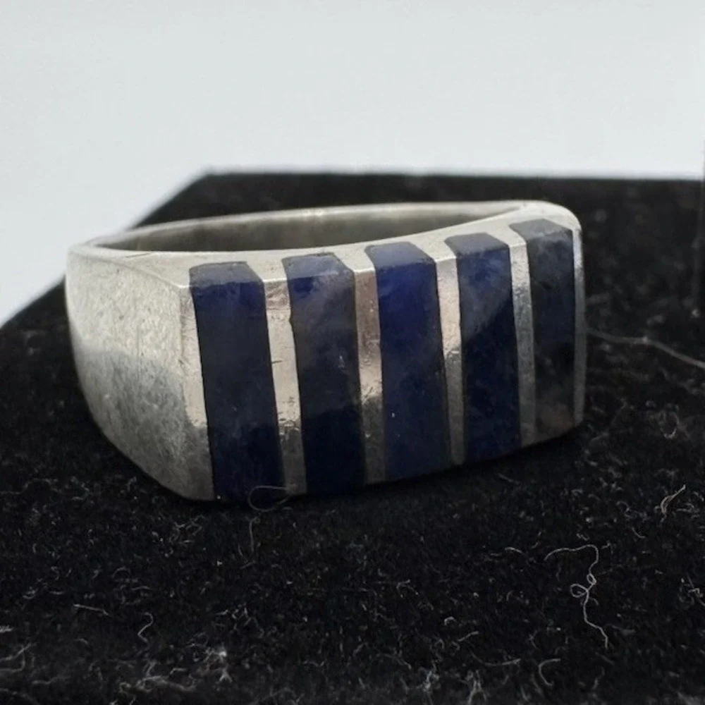 Vintage Taxco Mexico 925 Sterling Silver Blue Inlay Modernist Band Ring Size 11